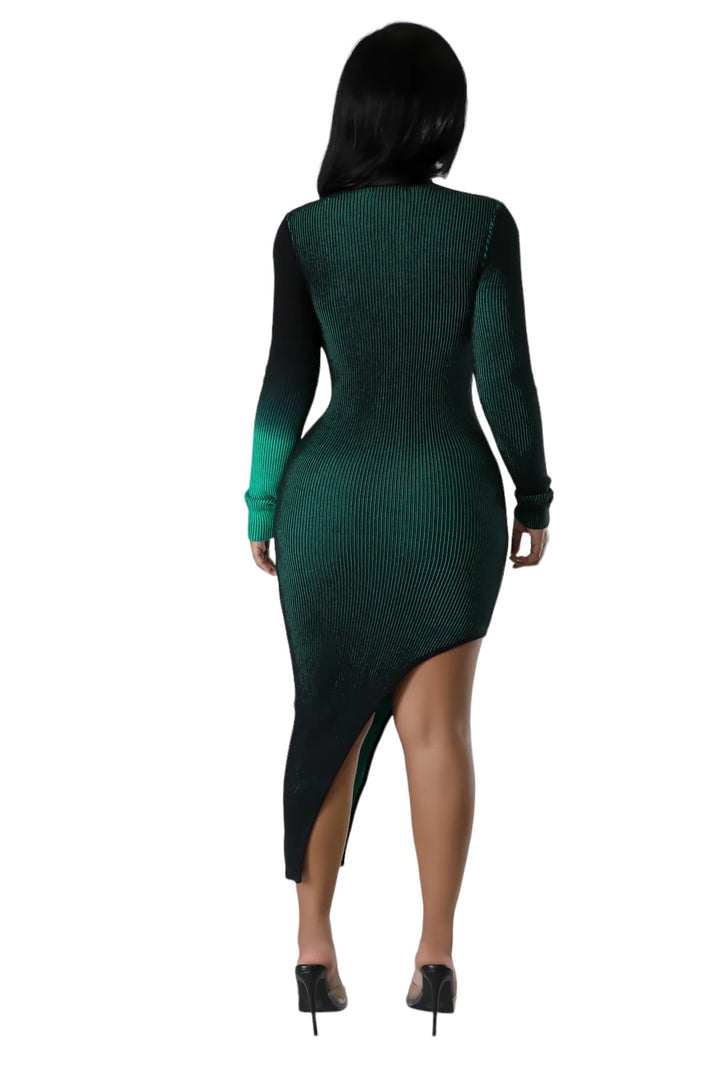 a woman in a green and black dress