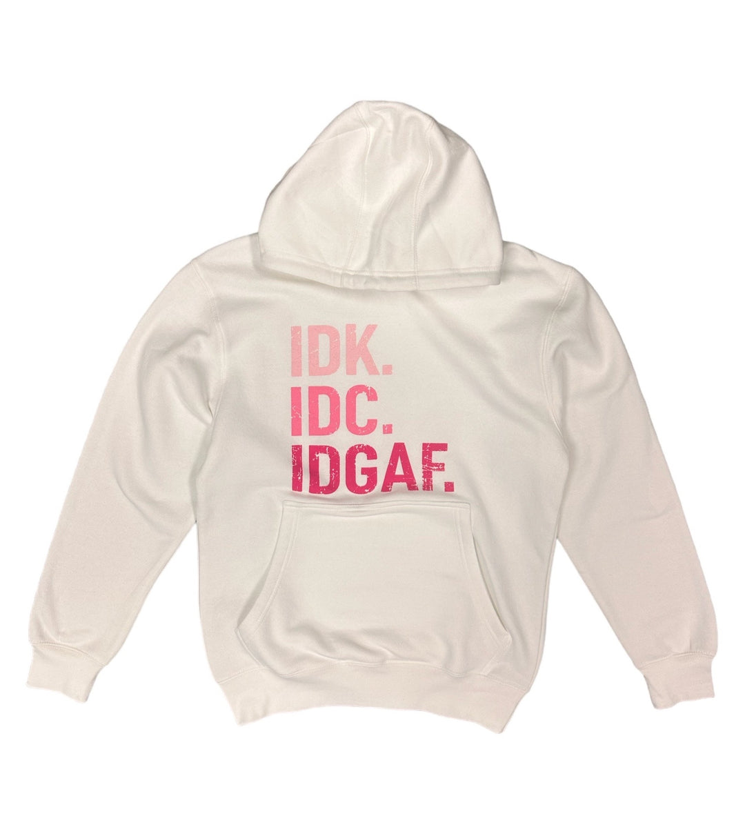 a white hoodie with pink letters on it