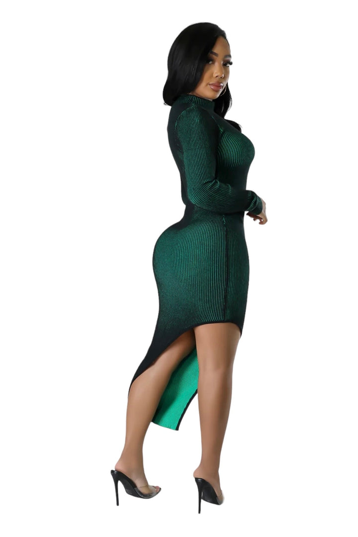 a woman in a green dress and high heels