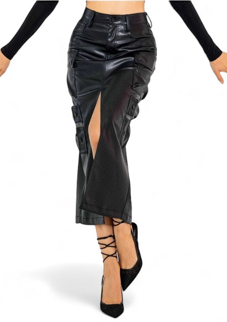 a woman in a black skirt and heels