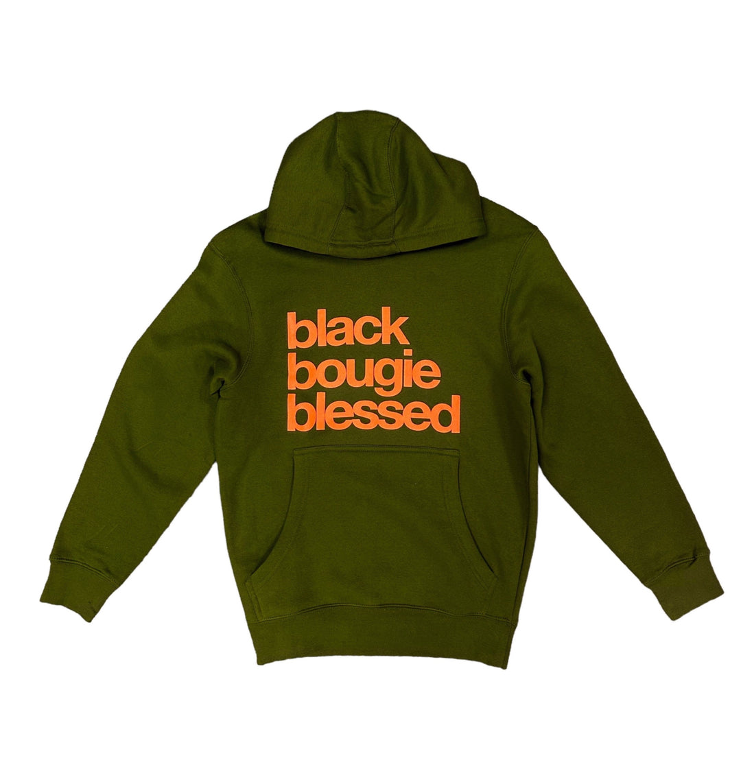 a green hoodie with the words black bougie blessing printed on it