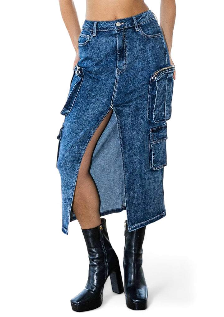 a woman wearing a skirt with a slit