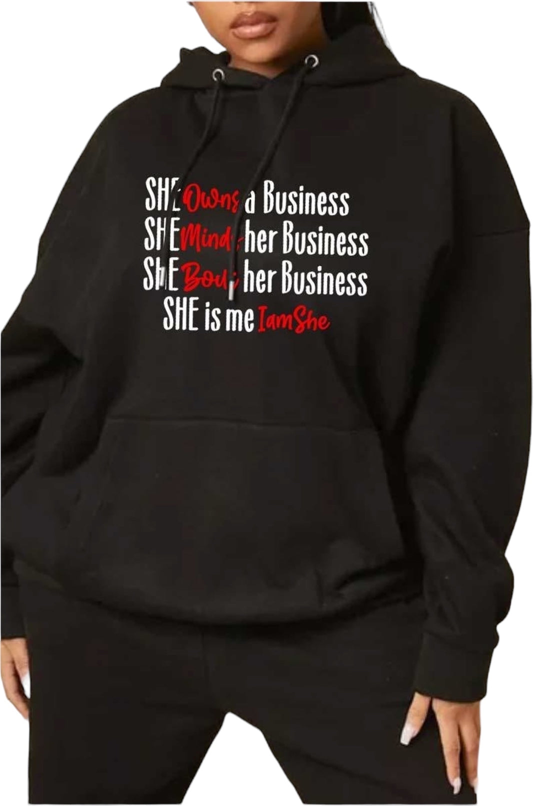 a woman wearing a black hoodie that says she is one