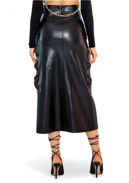 a woman wearing a black leather skirt