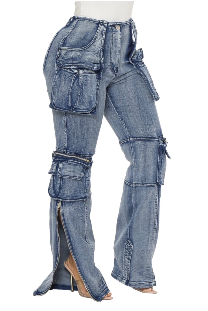 a woman wearing a pair of jeans and high heels