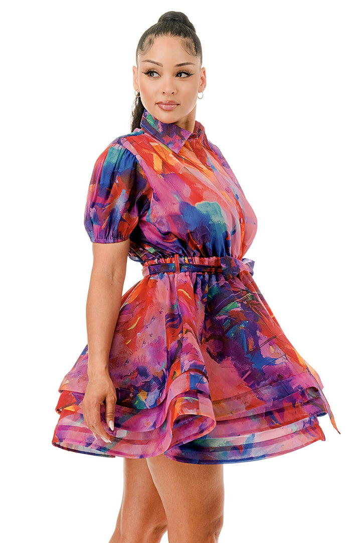 Short Sleeve Sheer Long Sleeve Layered Ruffle  Dress