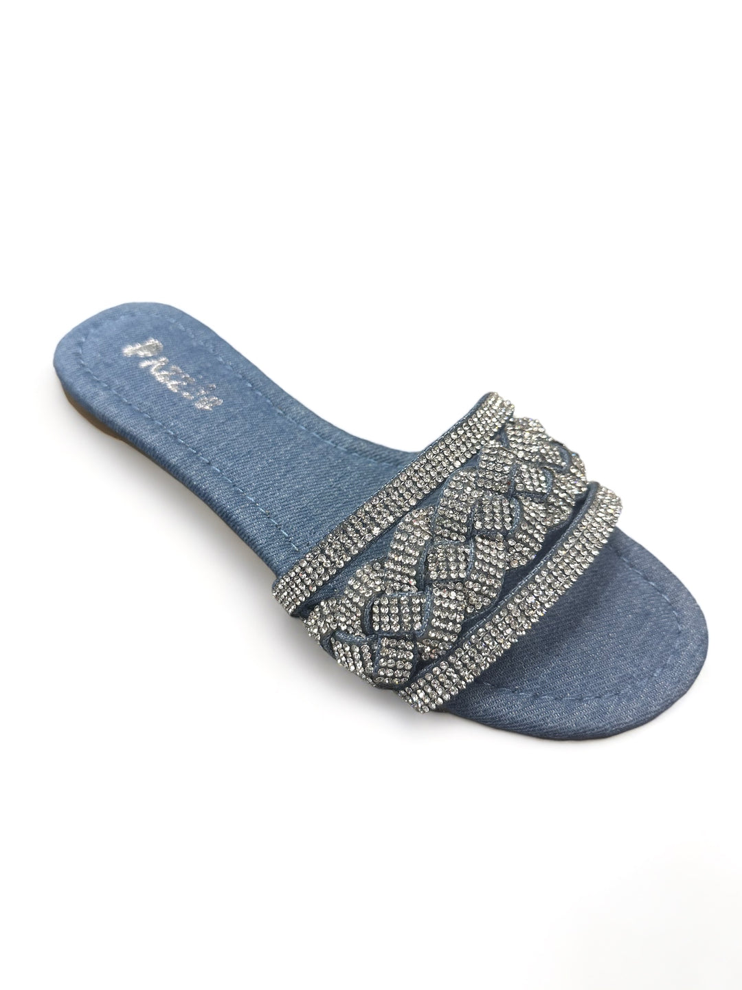 a pair of blue slippers with a diamond buckle