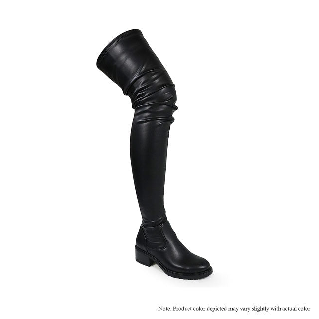 a woman's black boots with a large heel