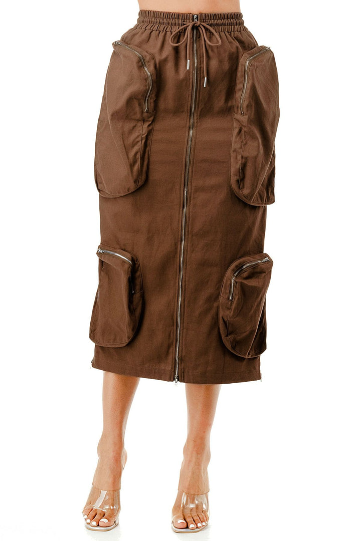 a woman wearing a brown skirt with pockets