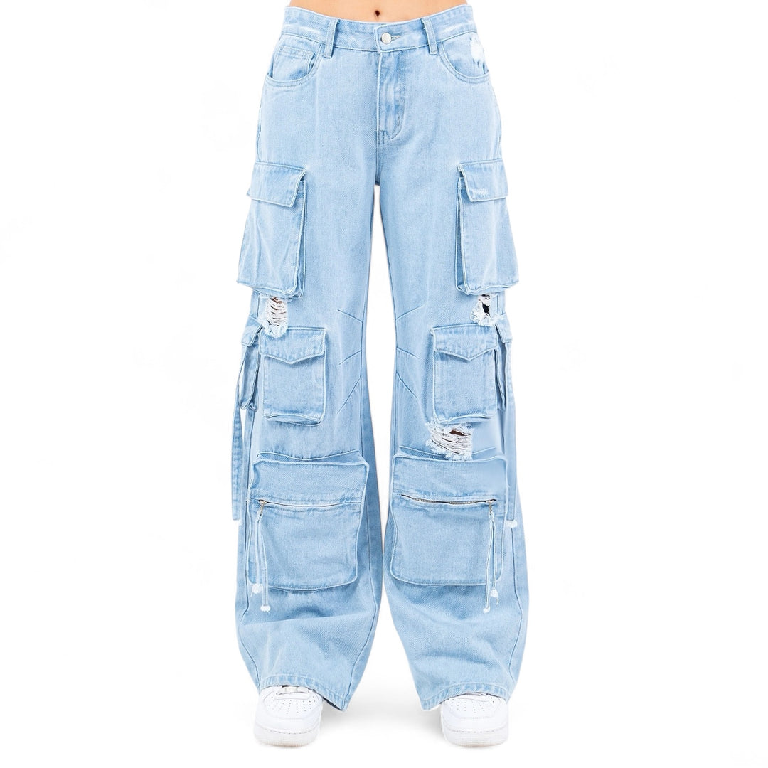 a woman wearing a pair of light blue jeans