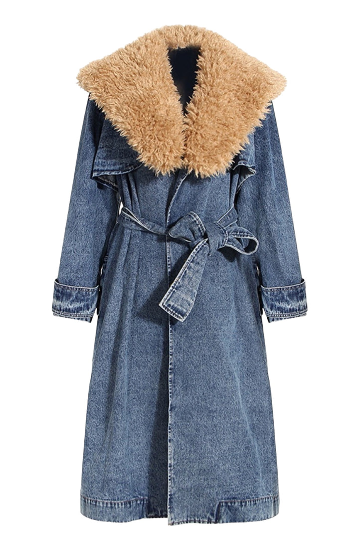 Oversized Faux Fur Collar Denim Jean Trench Coat