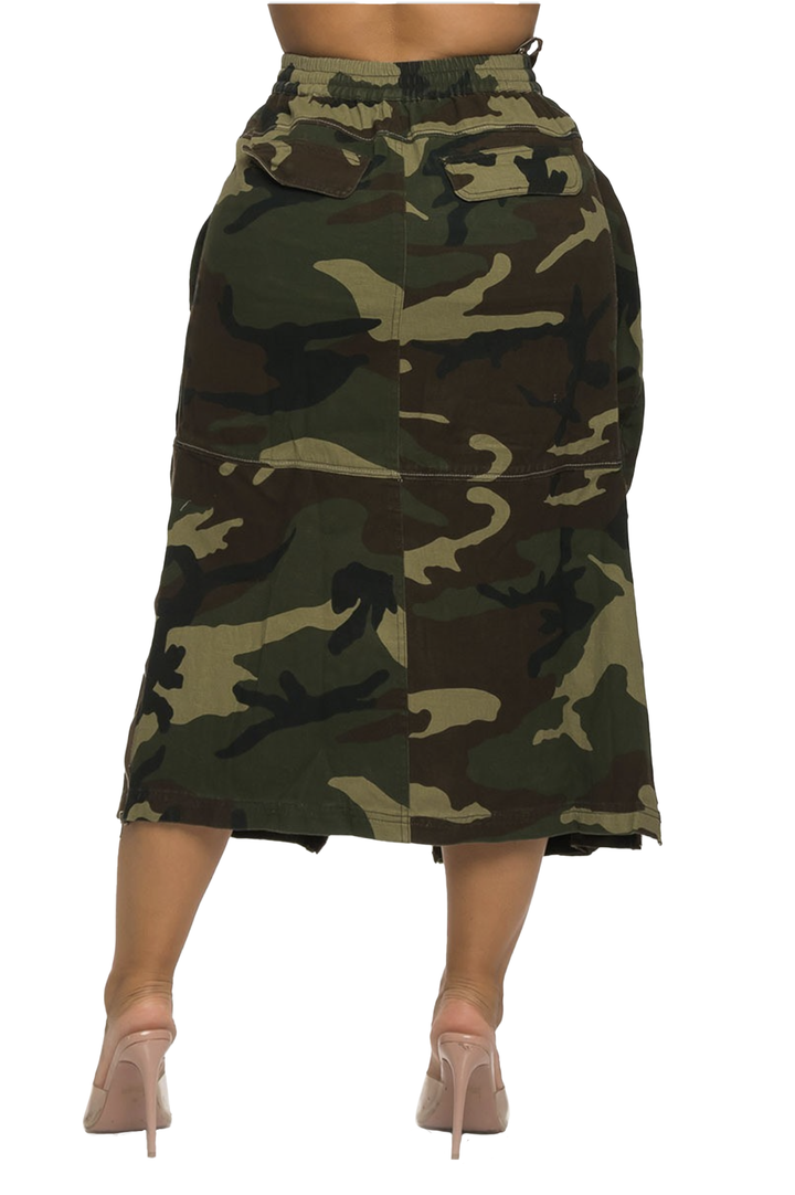 a woman wearing a camouflage skirt and heels
