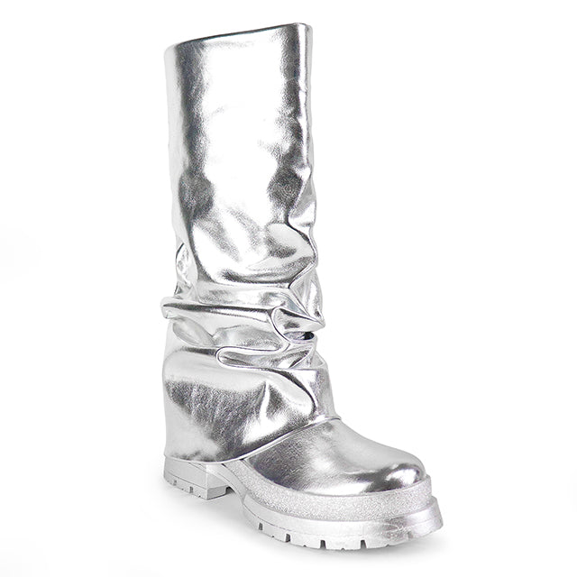 a pair of silver boots with laces on them