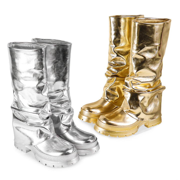 a pair of metallic boots sitting next to each other