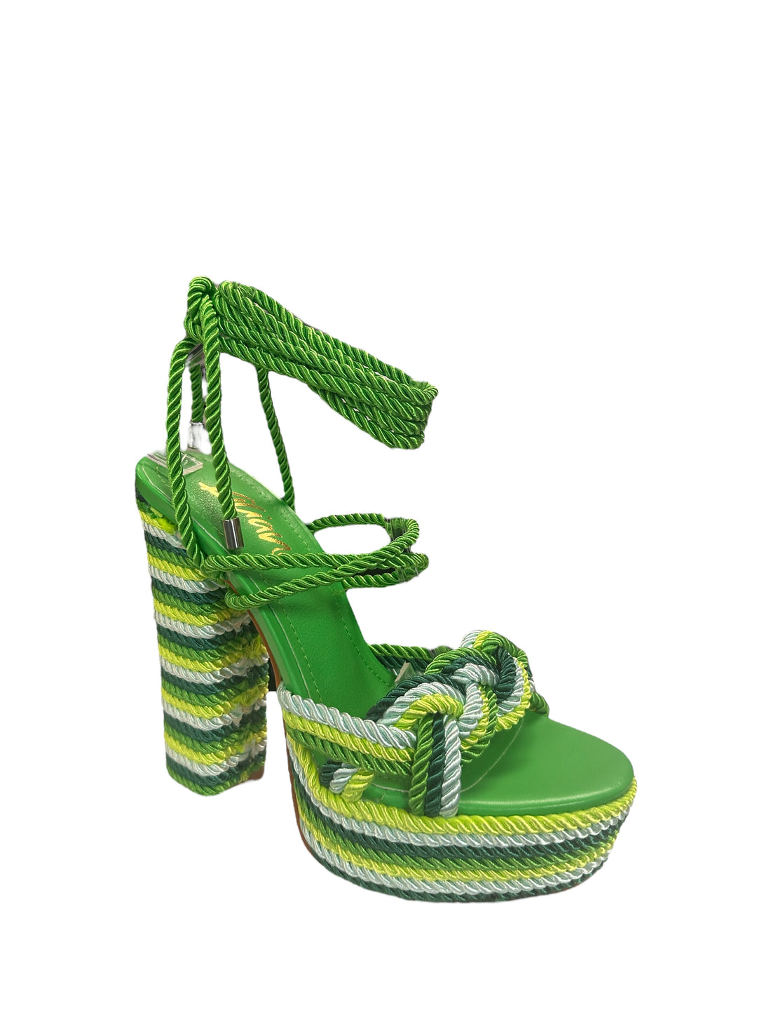 a pair of green and white striped shoes