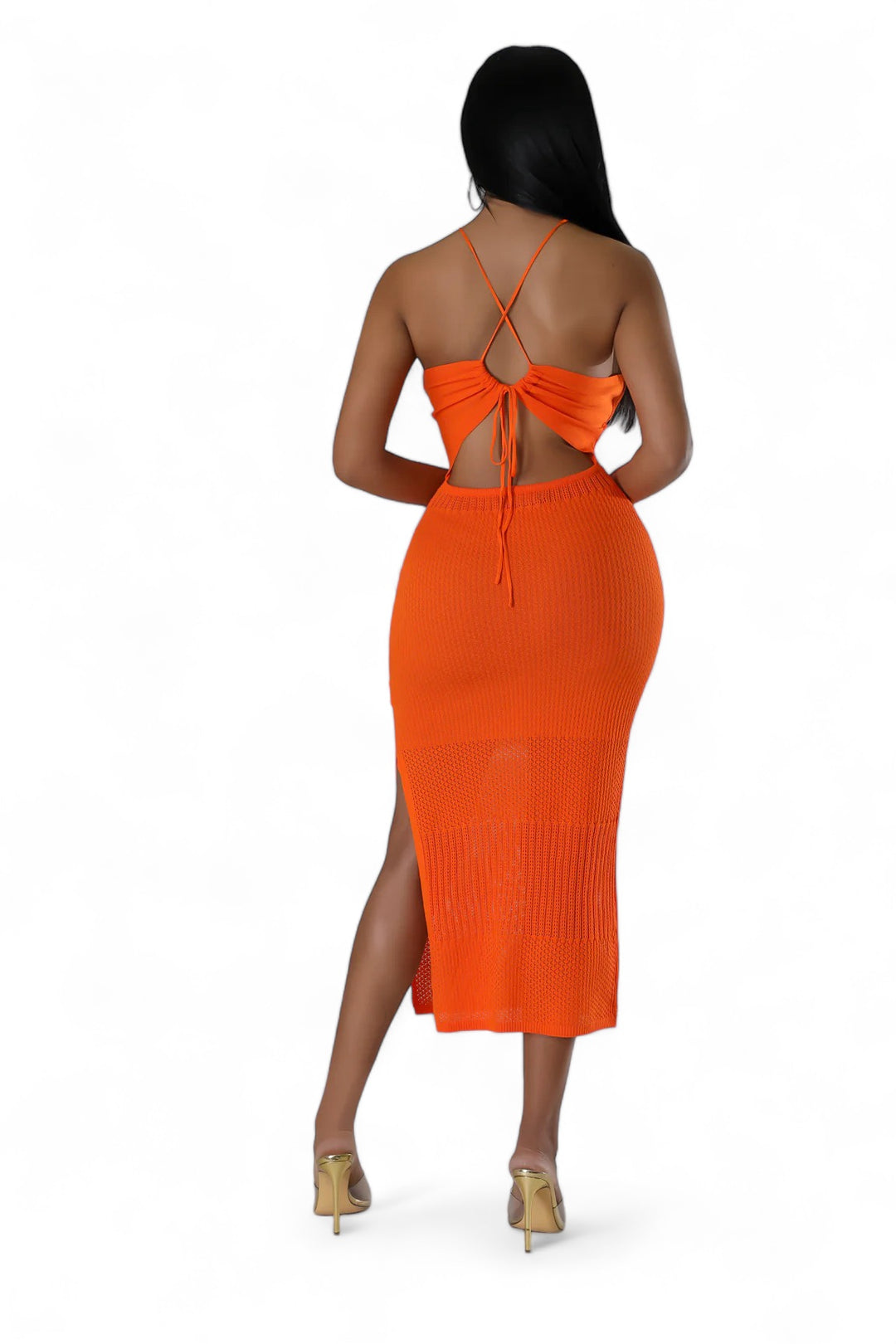 Orange Knit Halter Midi Dress