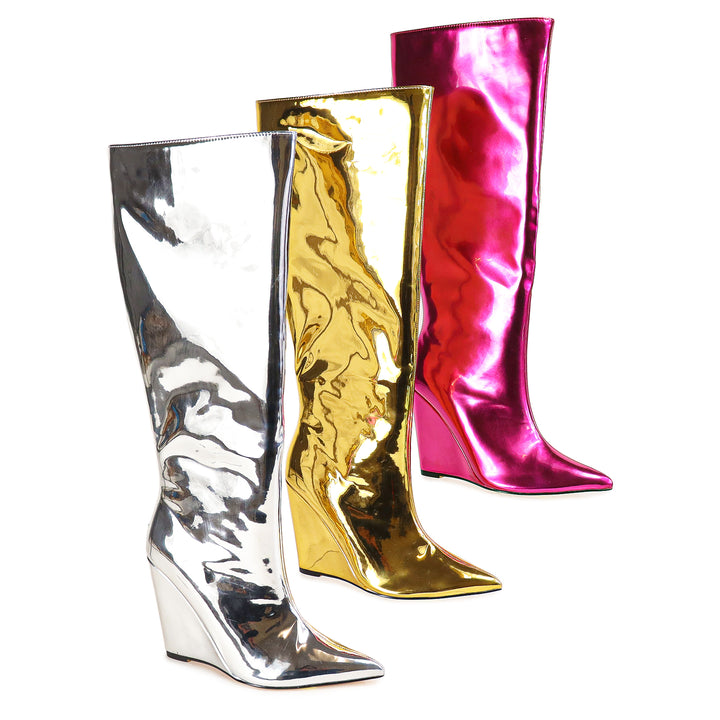 a pair of metallic boots are shown in three different colors