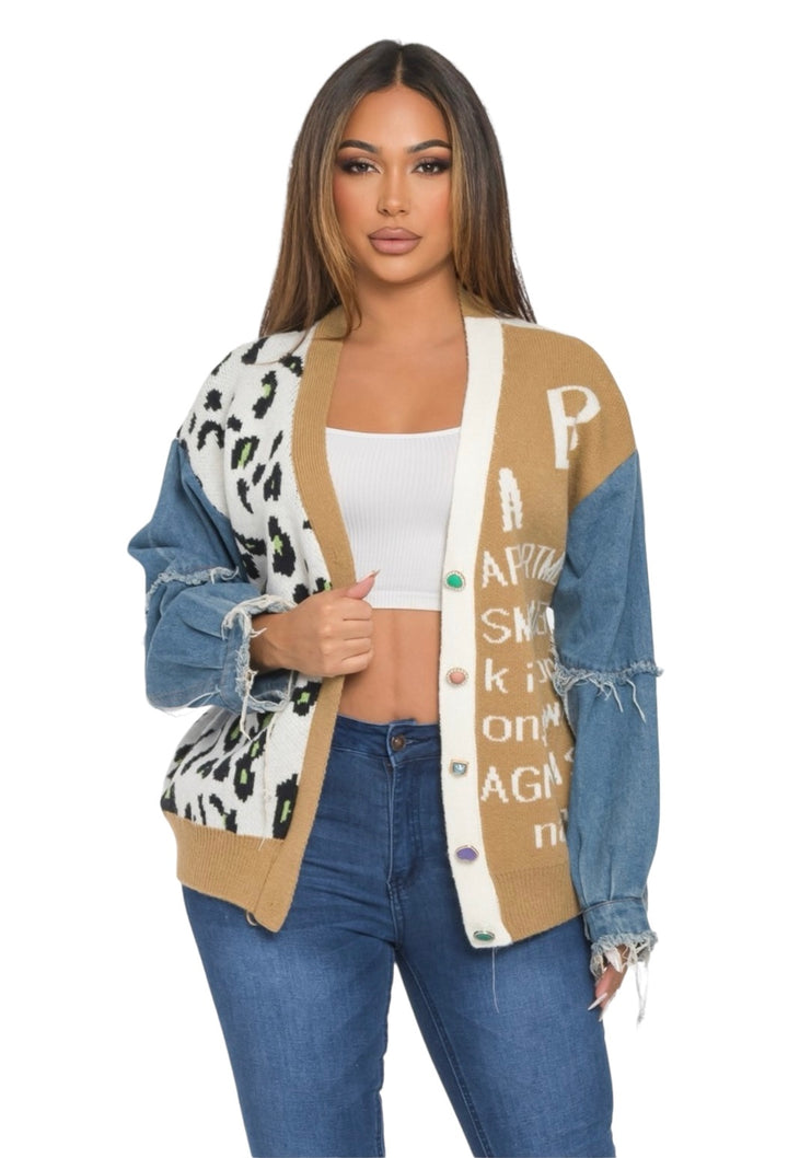 a woman wearing a leopard print cardigan sweater