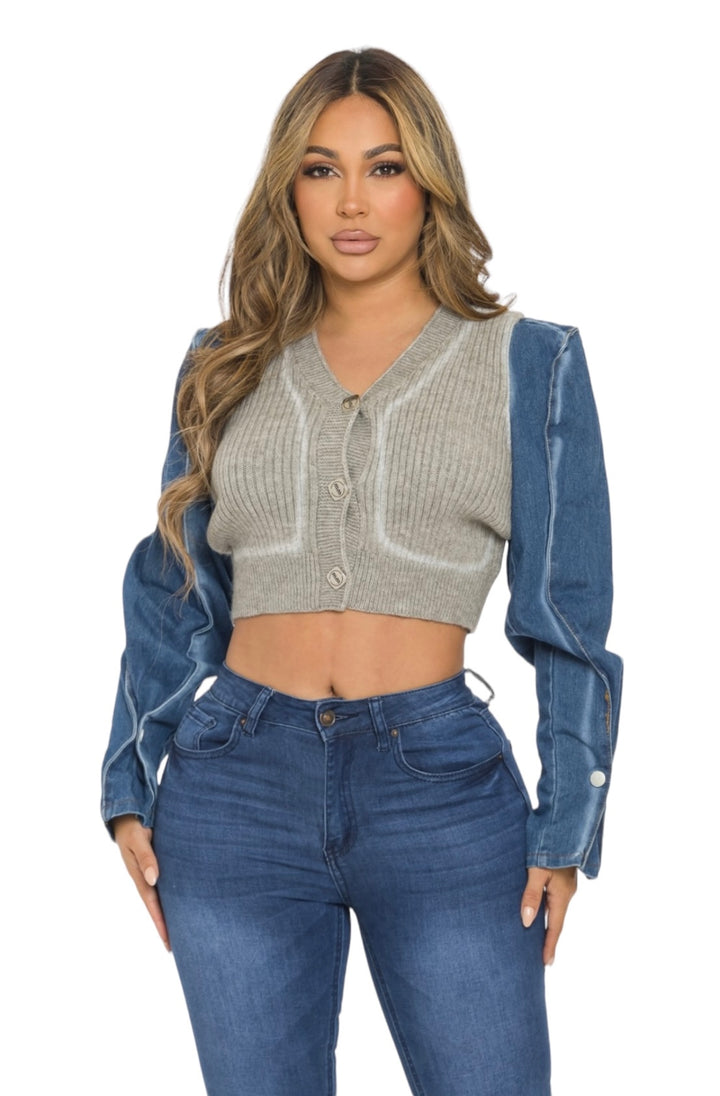 Denim Sleeve Knit Cropped Top