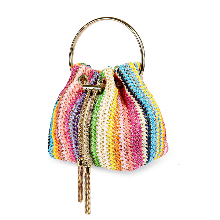 a multicolored purse with a ring handle