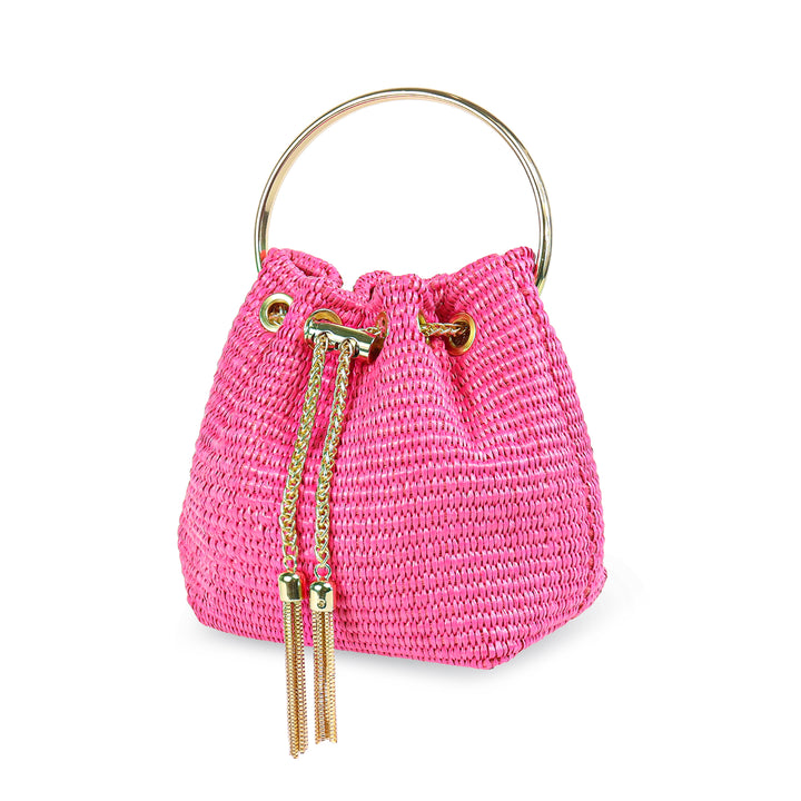 a pink purse with a gold ring handle