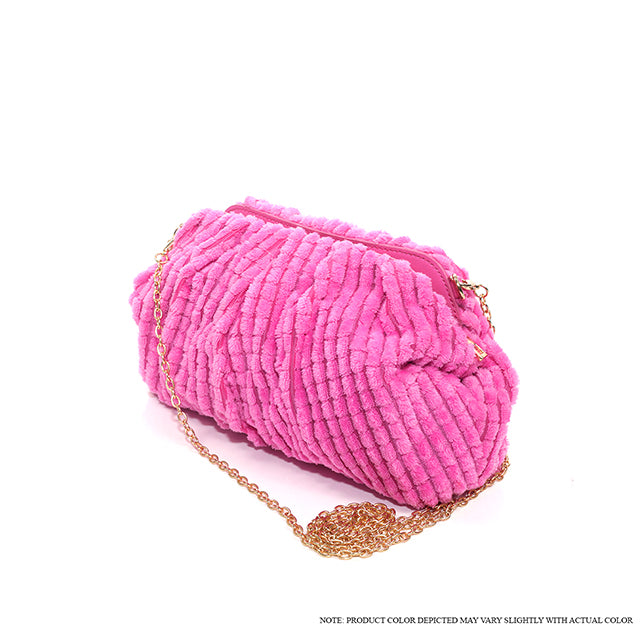 a pink purse with a chain hanging from it