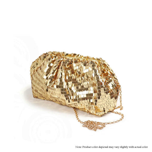 a gold purse with a chain hanging from it