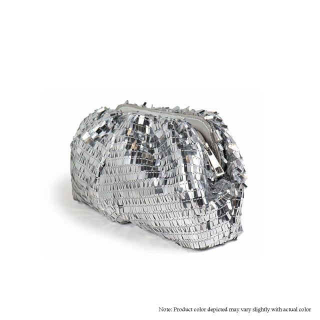 a silver purse is shown on a white background