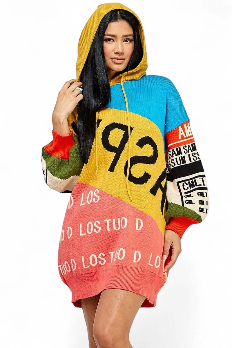 Multi Color Hooded Sweater Dress Yellow / Medium Multi Color Hooded Sweater Dress Yellow / Medium