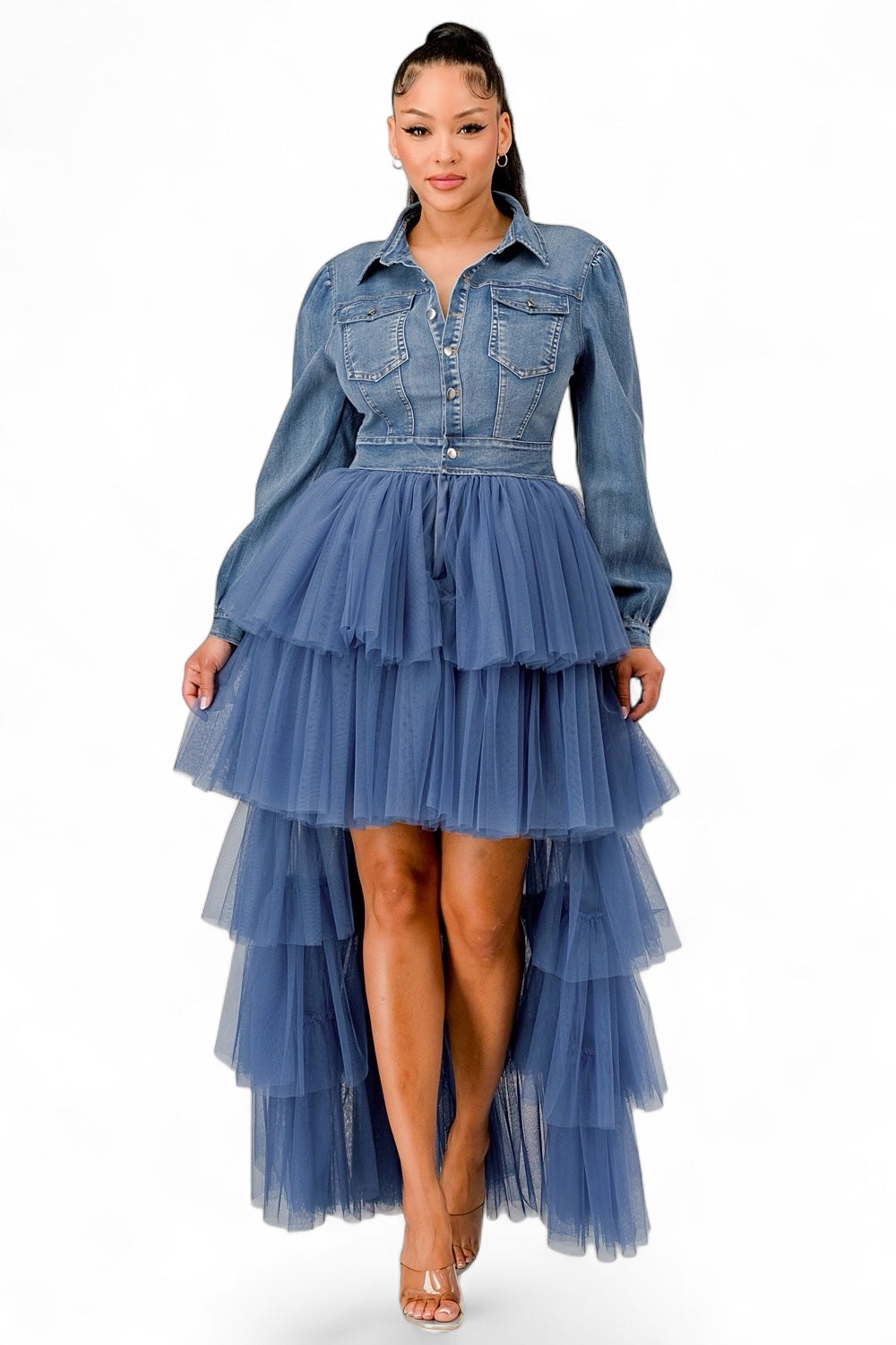Denim Tulle Layered High-Low Dress L Denim Tulle Layered High-Low Dress L
