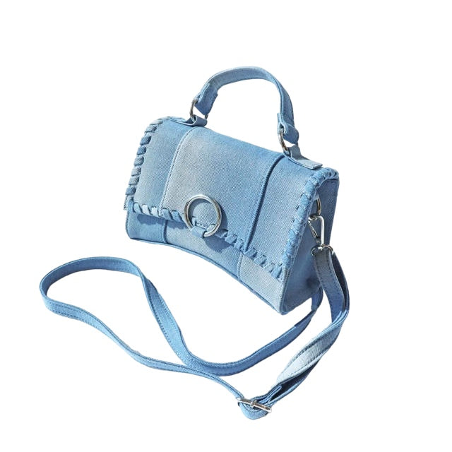 a small blue purse with a strap