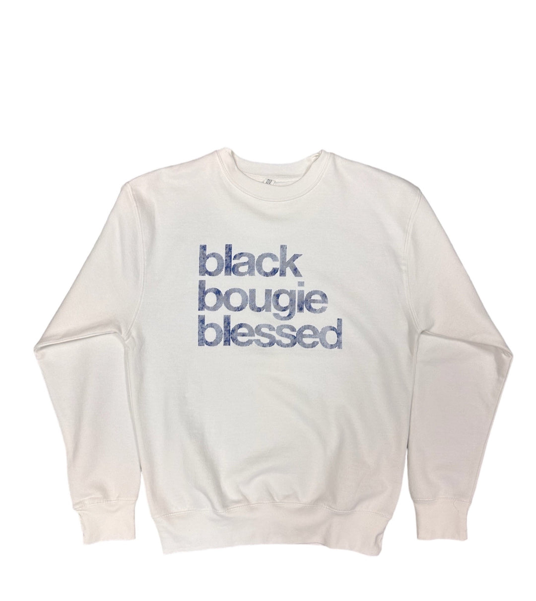 a white sweatshirt with the words black bougie blessing printed on it