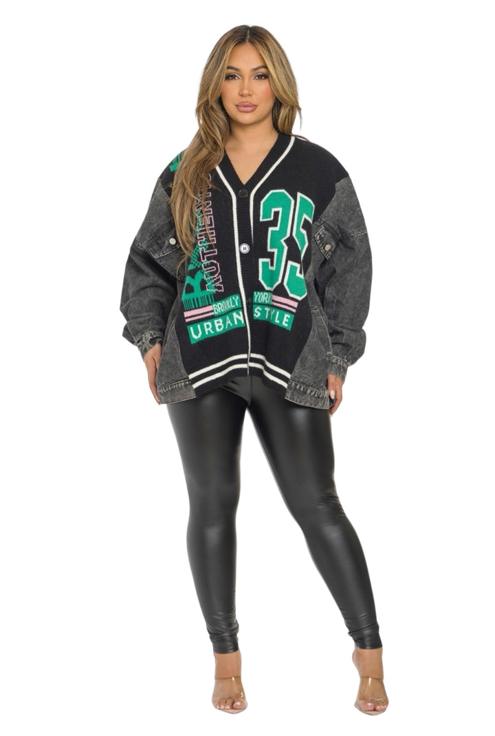 a woman wearing a black and grey jacket and leggings