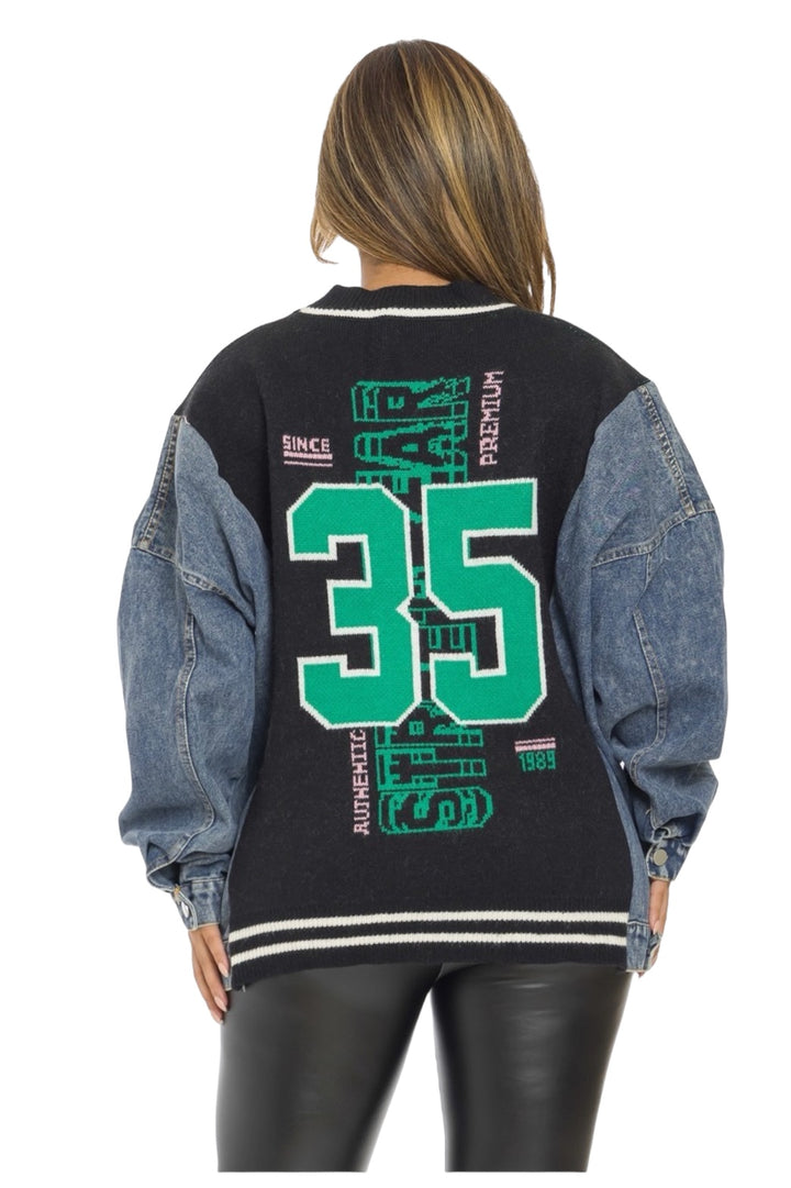 a woman wearing a jean jacket with the number 53 printed on it