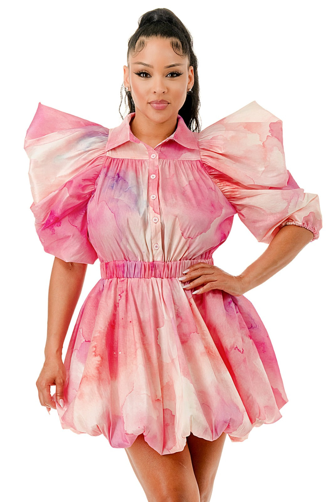 MultiColor Puffy Sleeve Bubble Hem Mini Dress | The House of Stylez Pink / 2X MultiColor Puffy Sleeve Bubble Hem Mini Dress | The House of Stylez Pink / 2X