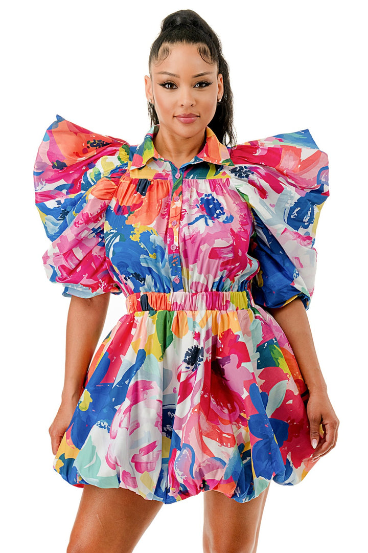 MultiColor Puffy Sleeve Bubble Hem Mini Dress