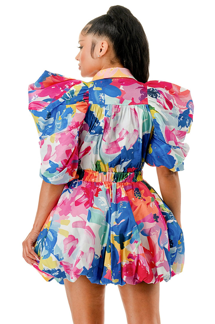 MultiColor Puffy Sleeve Bubble Hem Mini Dress