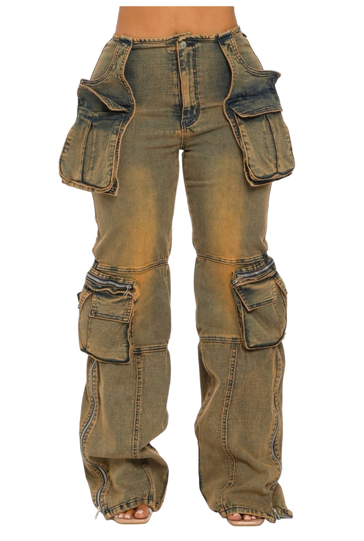 a woman wearing a pair of brown pants