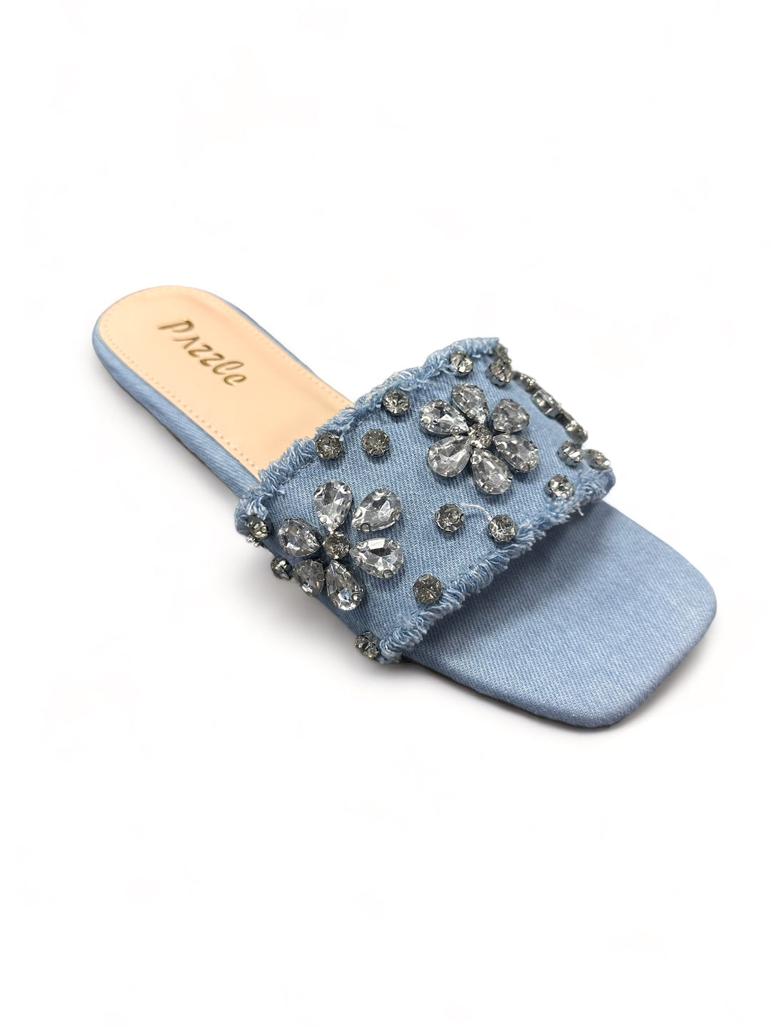 a pair of blue slippers with a flower decoration