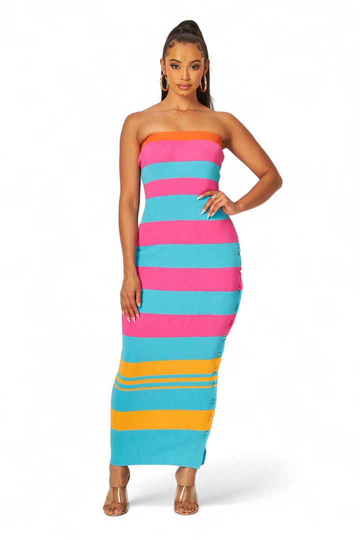 Multi Color Strapless Striped Knit Dress