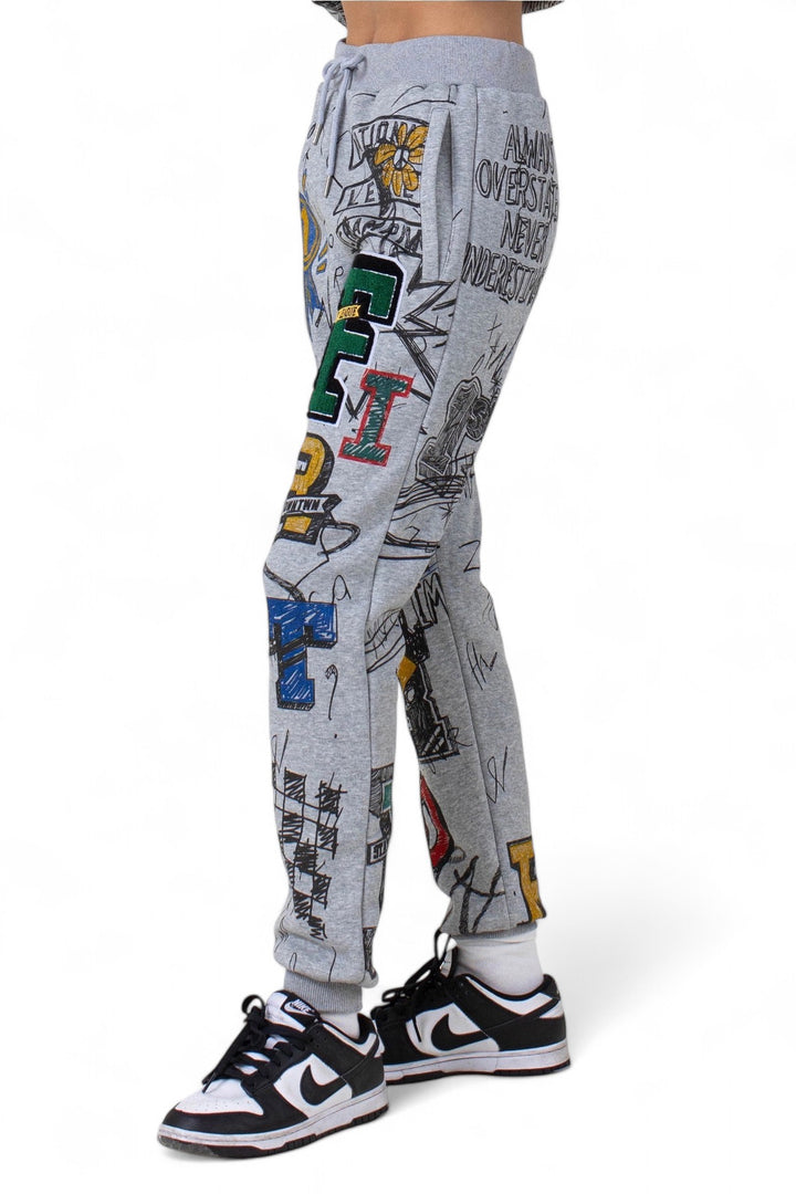 Side view of Multi Patches Joggers showcasing unique designs