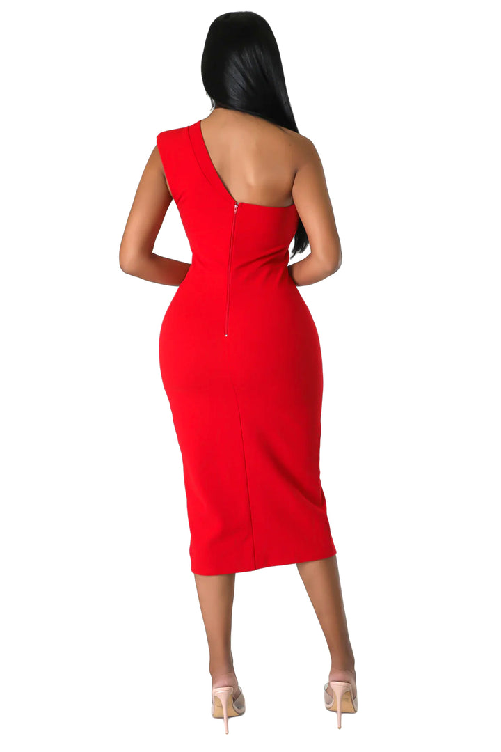 a woman in a red dress with one shoulder open