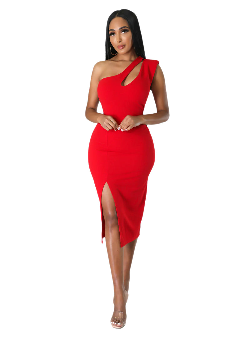 a woman wearing a red one shoulder dress