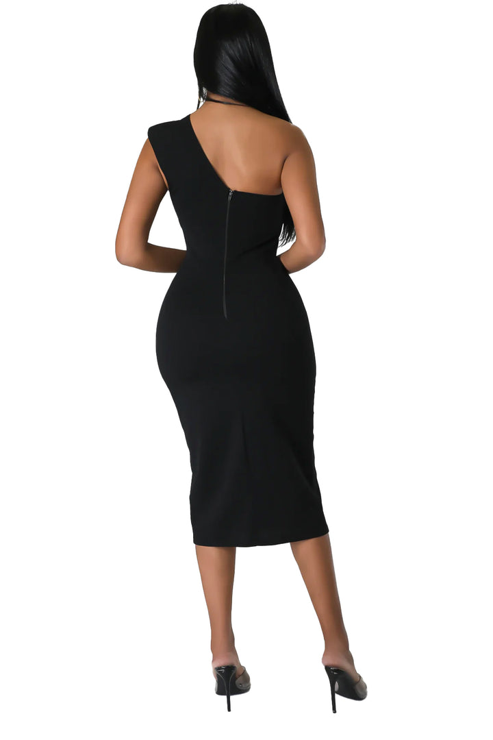 a woman in a black dress