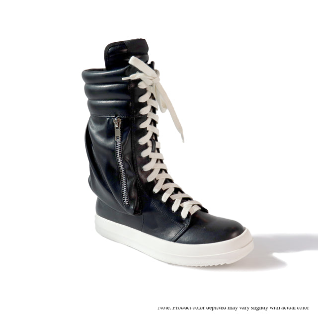 a pair of black shoes with white laces