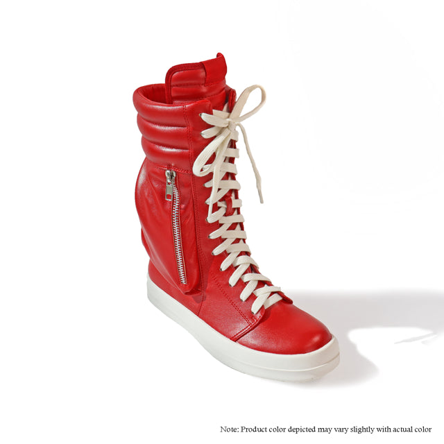 a pair of red shoes with white laces