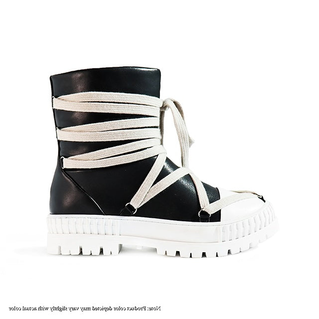 a pair of black and white shoes with white laces