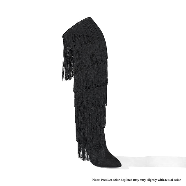 a tall black boot with fringes on it