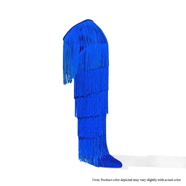 a tall blue object with fringes on it