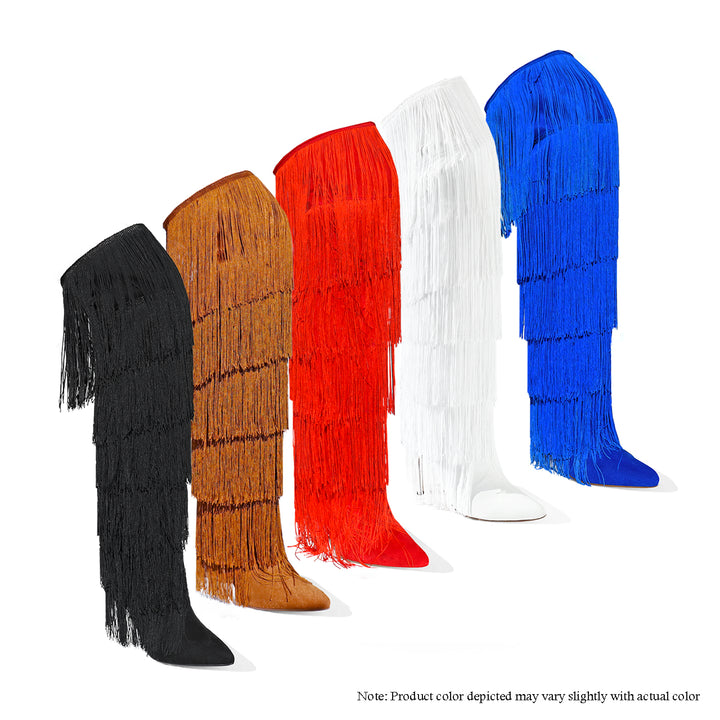 a row of tall boots with fringes on them